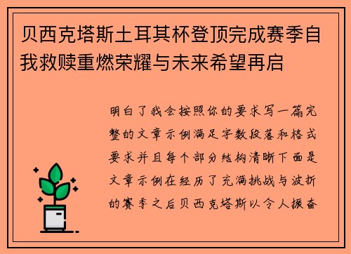 贝西克塔斯土耳其杯登顶完成赛季自我救赎重燃荣耀与未来希望再启
